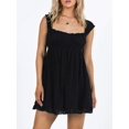 thumbnail image 2 of Black Women Sleeveless Babydoll Mini Dress With Lace Trim Square Neck Eyelet Detail Boho Swing Sundress, 2 of 6