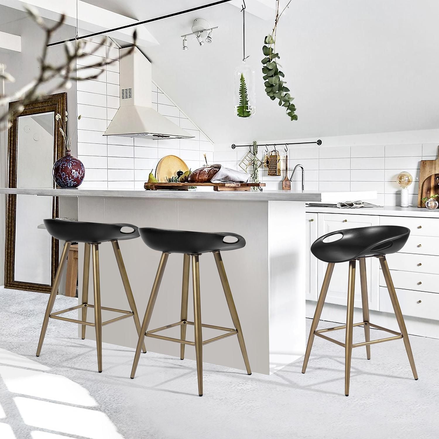 Modern Bar Stools Set of 2, Counter Height Bar Stools with Gold Legs and Footrest, Armless Bar Chairs Dining Chairs for Home Office Kitchen Island, Black