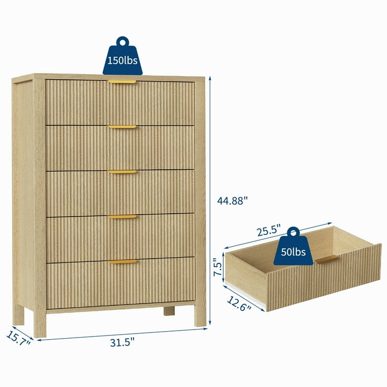Fluted 5 Drawer Dresser for Bedroom, 45 Inch Tall Narrow Nightstand, Modern  Chest of Drawers, Wooden Storage Organizer for Small Spaces, Living Room,  Closet, Entryway - Walmart.com