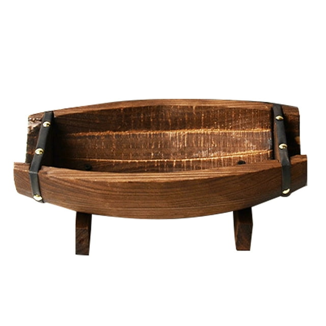 Maceta de madera estilo medio barril para exteriores, de 37 x 23 cm, estilo rústico, con base y bandeja para servir al aire libre, ideal para suculentas, bares y whisky.