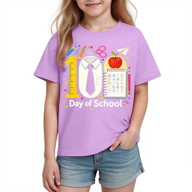 Camiseta de Manga Corta Linda con Impresión Gráfica para la Temporada Escolar de los Niños, Camisetas de Manga Corta de las Niñas