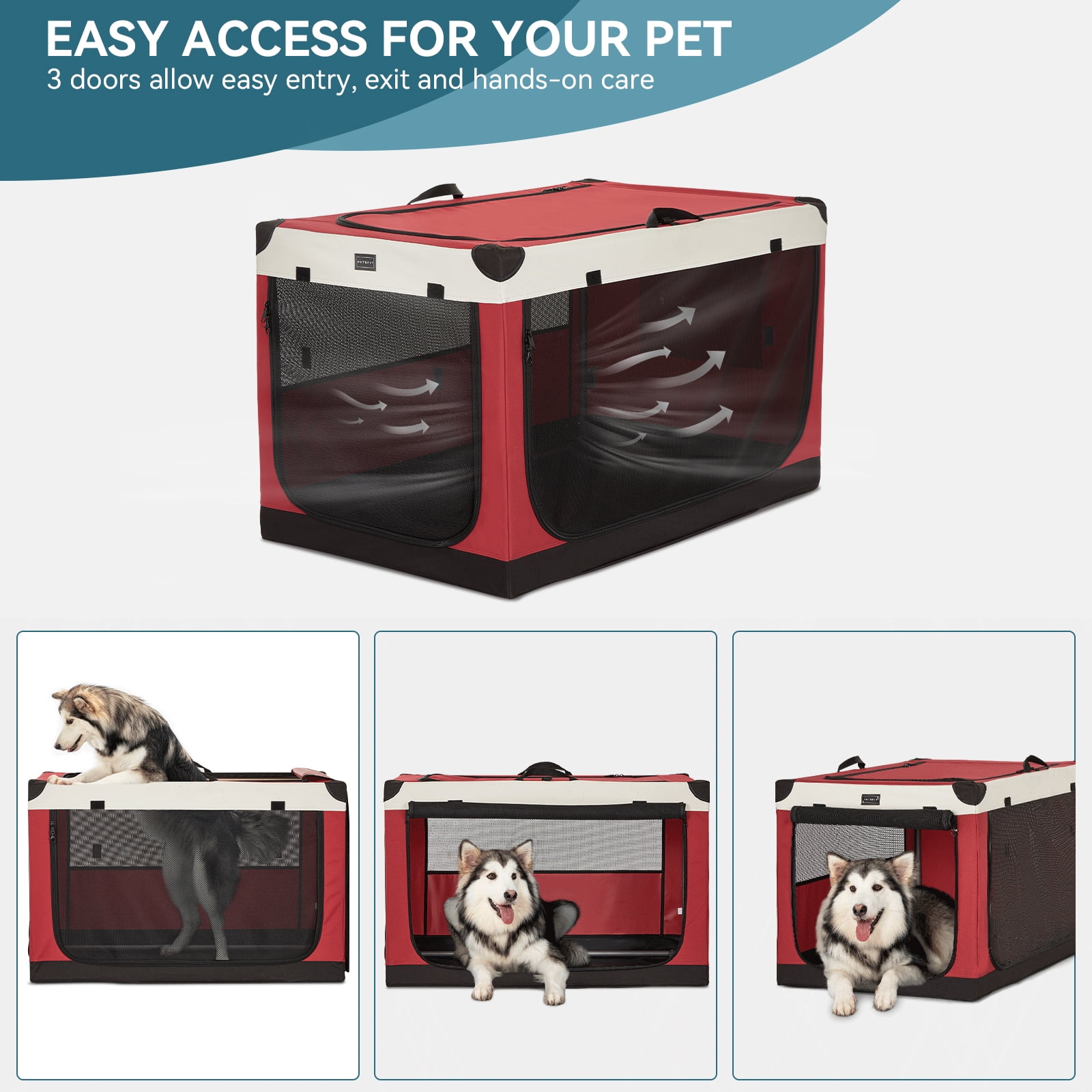 Petsfit 39.5 Inch Dog Kennel, Adjustable Fabric Cover by Spiral Iron Pipe, Chew Proof 3 Door Design, Soft Portable Dog Crate,Red