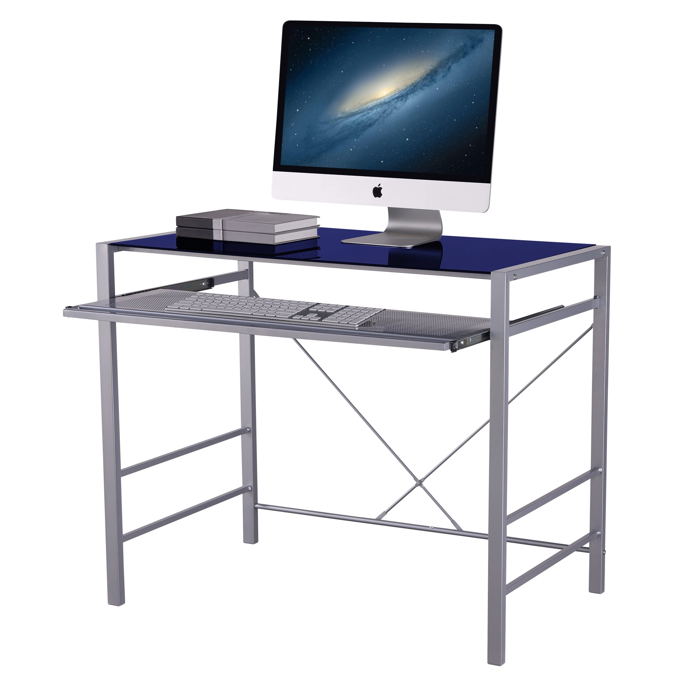 Navy Blue Tempered Glass Top Silver Frame Compact Computer Home Navy Blue Tempered Glass Top Silver Frame Compact Computer Home Office Desk