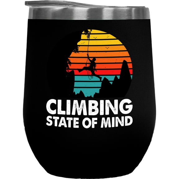 Retro Climbing State of Mind, Rock Climber Quote or Saying, Black 12oz Wine Tumbler