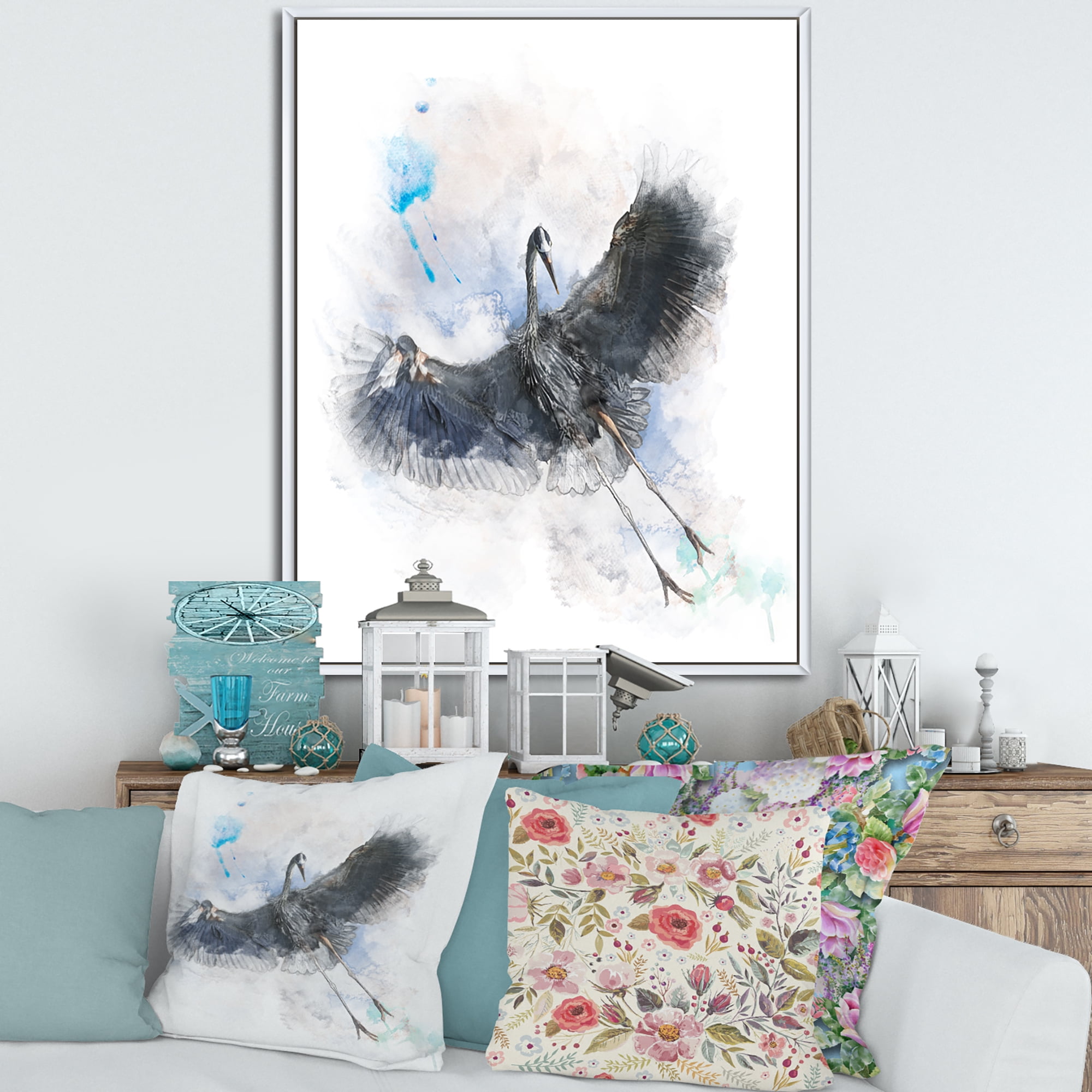 Designart 'Great Dark Blue Heron Bird Illustration' Farmhouse Framed Canvas Wall Art Print