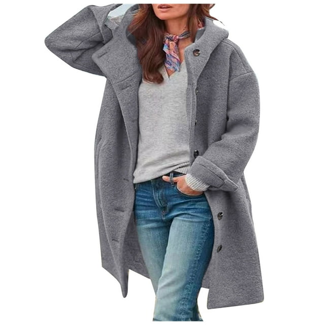 IROINID Women's Woolen Jacket Long Sleeve Solid Color Hoodie Outwear, Comfy Button Woolen Jacket