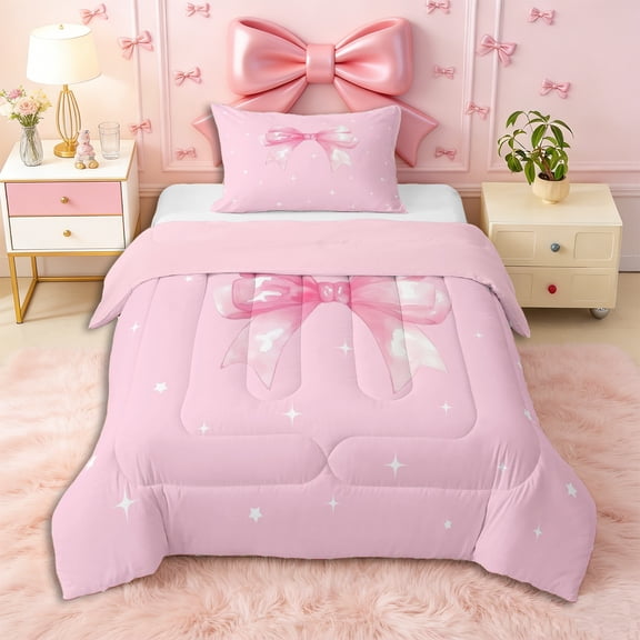 Erosebridal Teens Cute Watercolor Bow Twin Comforter Sets 3-Piece,Girls Kids Cartoon Stars Print Bow Knot Bedding Set,Pink Reversible,Breathable Home Decor