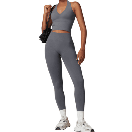KANG Women s Workout Sets 2 Piece Yoga Leggings and V-Neck Neck Sports Bra Yoga Gym Outfits
