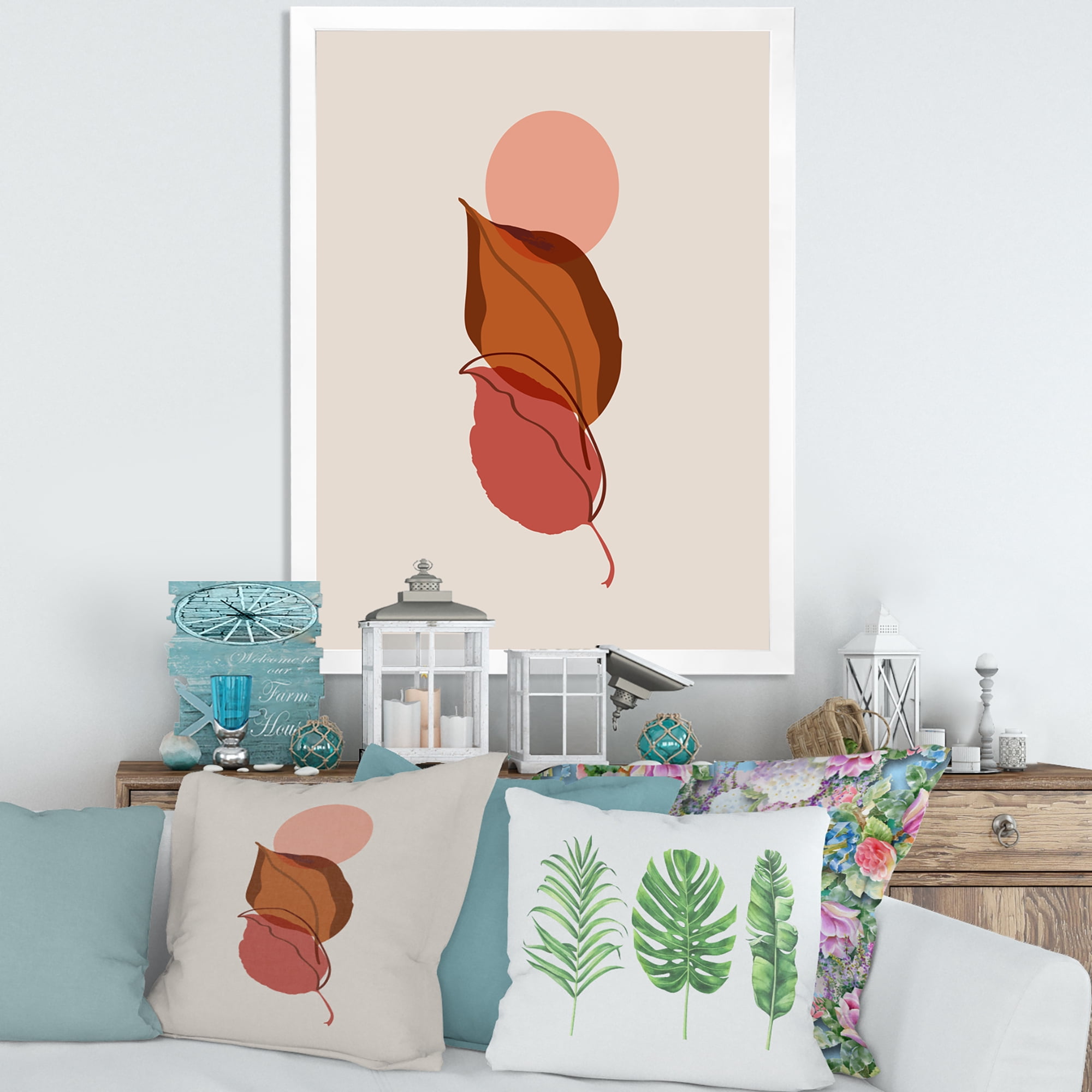 Designart 'A Red Full Moon Over Two Autumn Leaves' Modern Framed Art Print