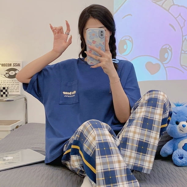 Pijamas finos de verano para mujer, pantalones holgados informales de manga corta, traje de verano para exteriores, ropa de algodón para el hogar