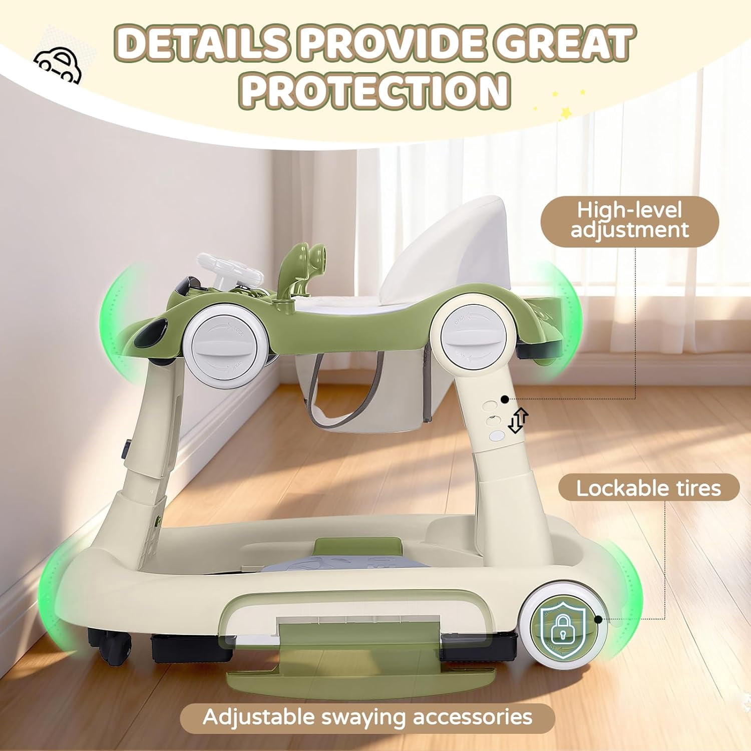 5 in 1 Baby Walker for Boys Girls,Foldable,Music,Jumper,Rocking,Push W/ 3 Height Adjustable for Infant 6-18 Months,Bean Green