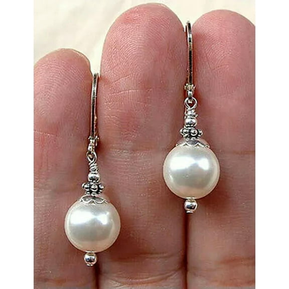 K-KED 8-14mm South Sea White Round Shell Pearl Silver Leverback Dangle Earrings-10 mm