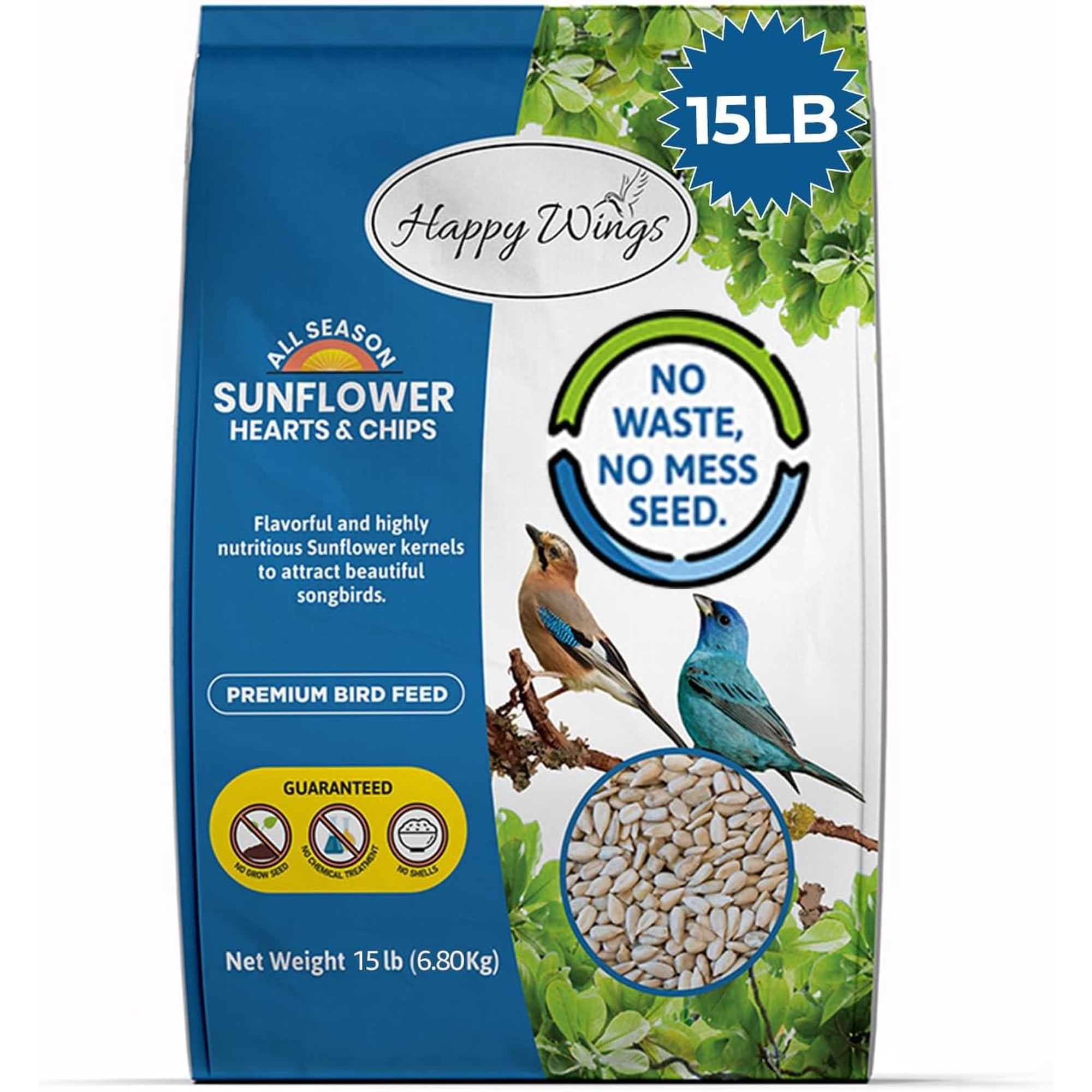 Happy Wings Sunflower Hearts (Kernels) & Chips, 15 lb., Wild Bird Food, No Grow Birdseed, New, Dry.