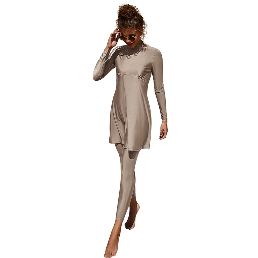 IBTOM CASTLE Women Muslim Swimsuits Modest Burkini Swimwear Islamic Long Sleeve Full Cover Swim Top Leggings Pants ​Bathing Suits L Apricot