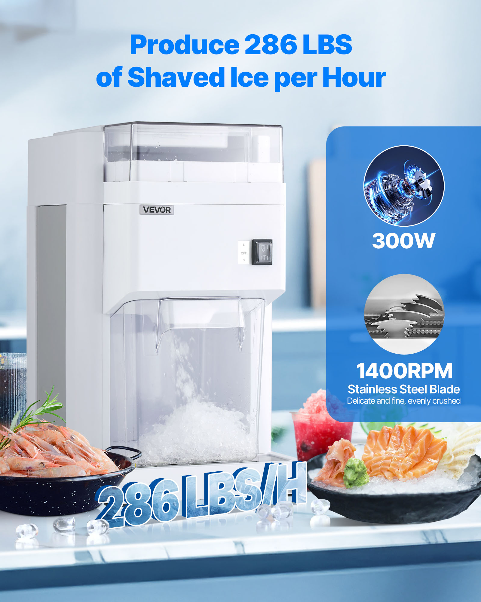 VEVOR Commercial Ice Shaver Machine, 1.91QT /1.8L Large Electric Ice Cube Crusher Shaved Maker with 300W Premium Motor, Stainless Steel Blades, for Bar Mixing Seafood Preservation Home Party, White