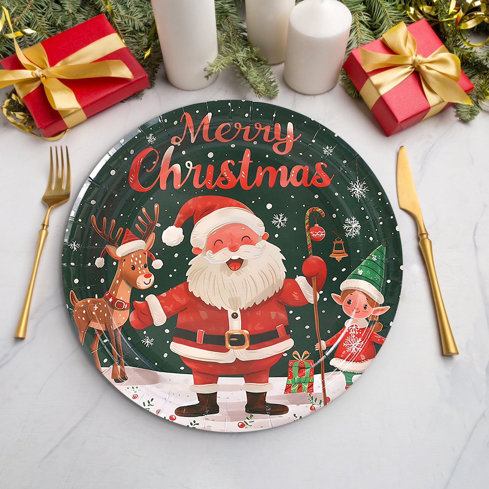 20 Assiettes De Noël En Carton – Motifs Père Noël, Bonhomme De Neige – 23.5x20 Cm – Pour Fêtes, Anniversaires, Dîners