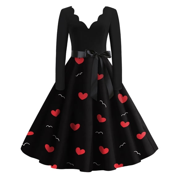 Fgvctg Womens Valentine's Day Date Night Dress Cute Heart Print Cocktail Dresses Vintage V Neck 1950s Dresses Long Sleeve Dressy Romantic Clothes Black S