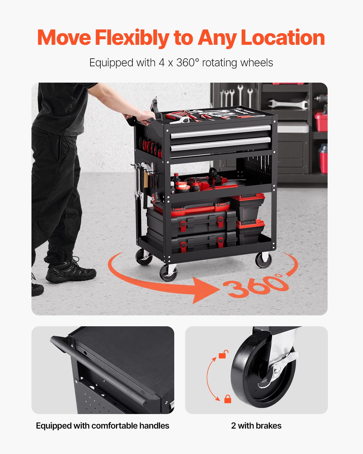 VEVOR 5-Tier Tool Cart with Wheels, 400 lbs Load Capacity, Rolling Work Cart with 2 Drawers & Pegboard, Mechanic Tool Storage Organizer with Locking System for Warehouse and Repair Shop, Black