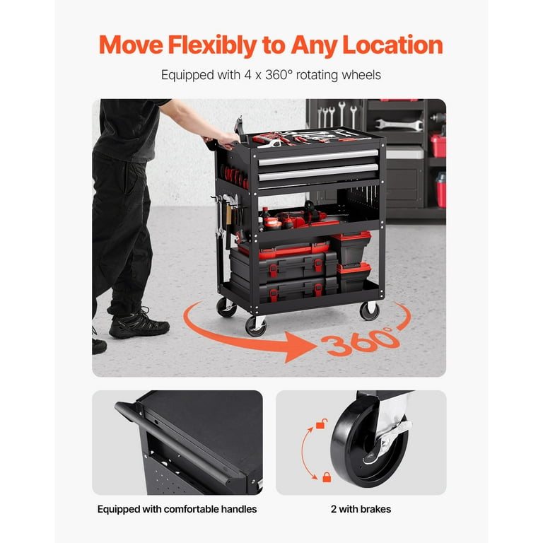 5-Tier Tool Cart with Wheels, 400 lbs Load Capacity, Rolling Work Cart with 2 Drawers & Pegboard, Mechanic Tool Storage Organizer with Locking System for Garage, Warehouse and Repair Shop, Black