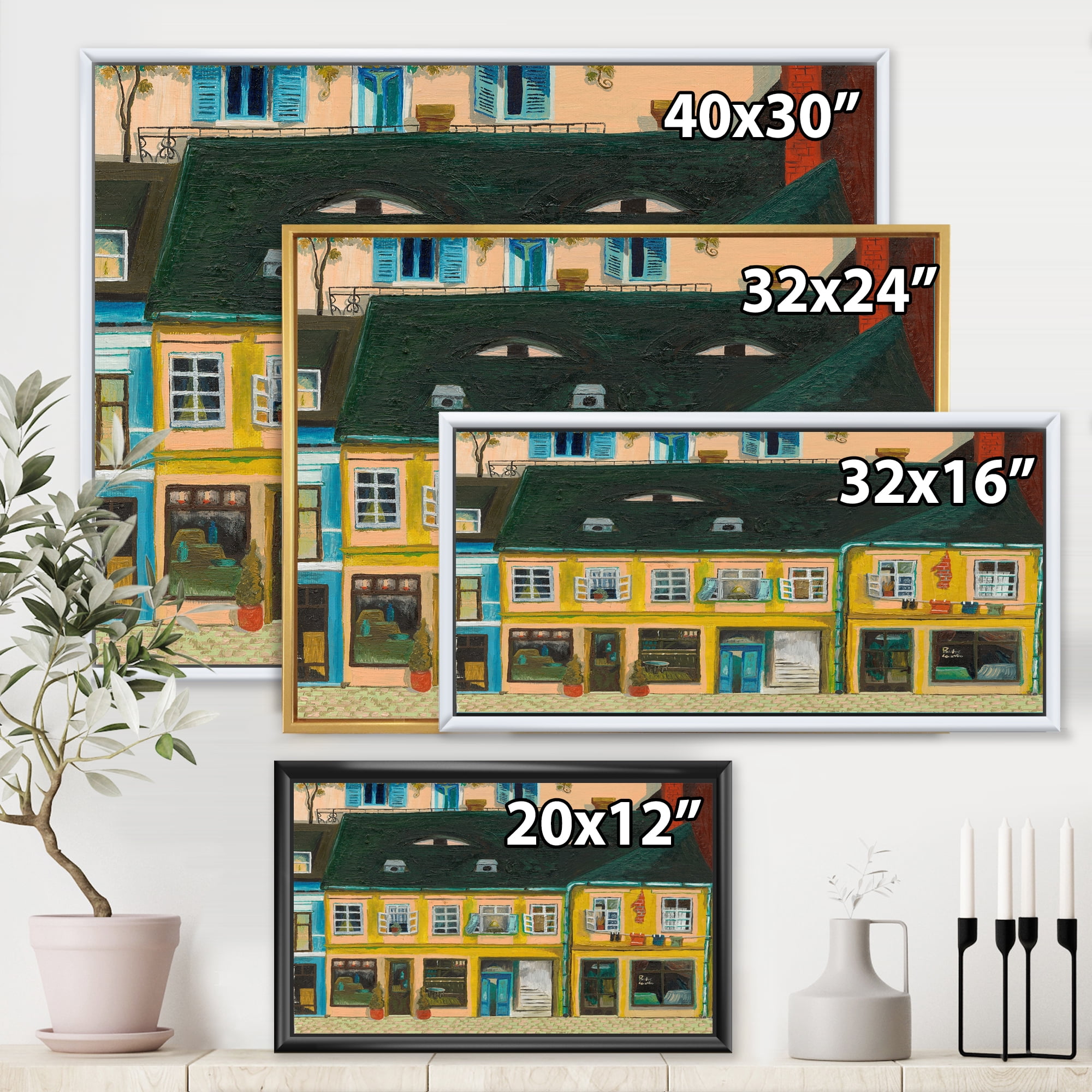 Designart 'Abstract Yellow Facade of Houses In Street In Paris' French Country Framed Canvas Wall Art Print