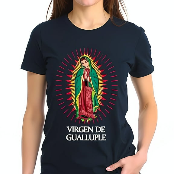 Stylized of Guadalupe Pixel Art T-Shirt - Dark Navy Cotton Short Sleeve Tee with Bold Colors