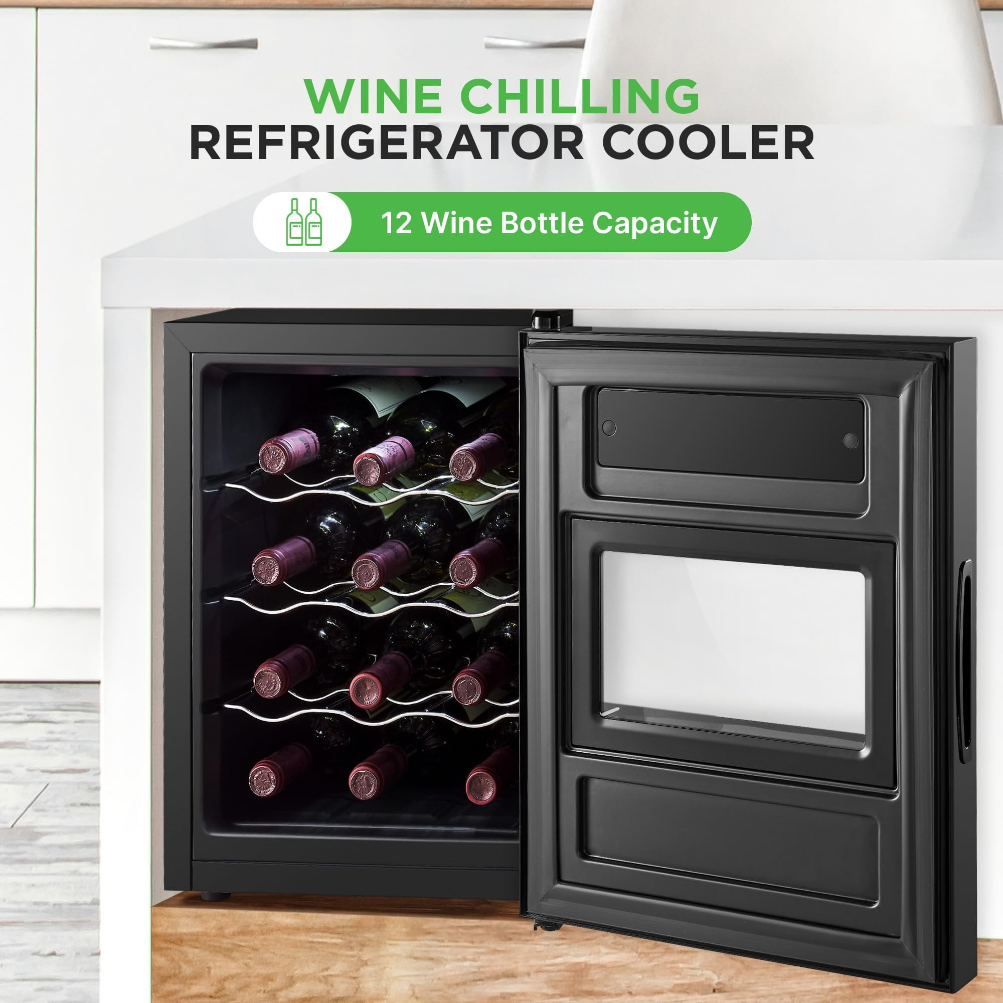 Wine Refrigerator Cellar, 12 Bottle Storage and 30 Liters Internal Capacity, Single Zone Chiller with Digital Touch Button Control, Placement for Standing Bottles and Air Tight Seal