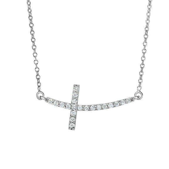14K White Gold 0.22ct Necklace with Long Curved Side Way Cross 18"