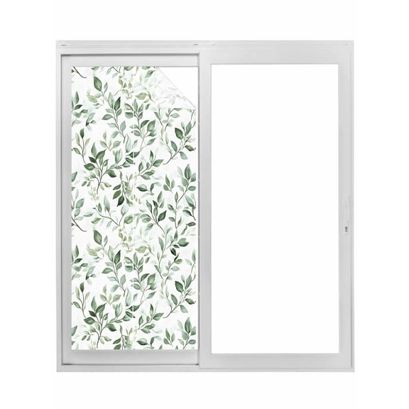 Sage Green Leaf Window Privacy Film, Country Eucalyptus Nature Plant Branch Static Cling UV Sun Blocking Tint Film Heat Control Windows Films for Bedroom Bathroom, Window Stickers 23.6"x59"