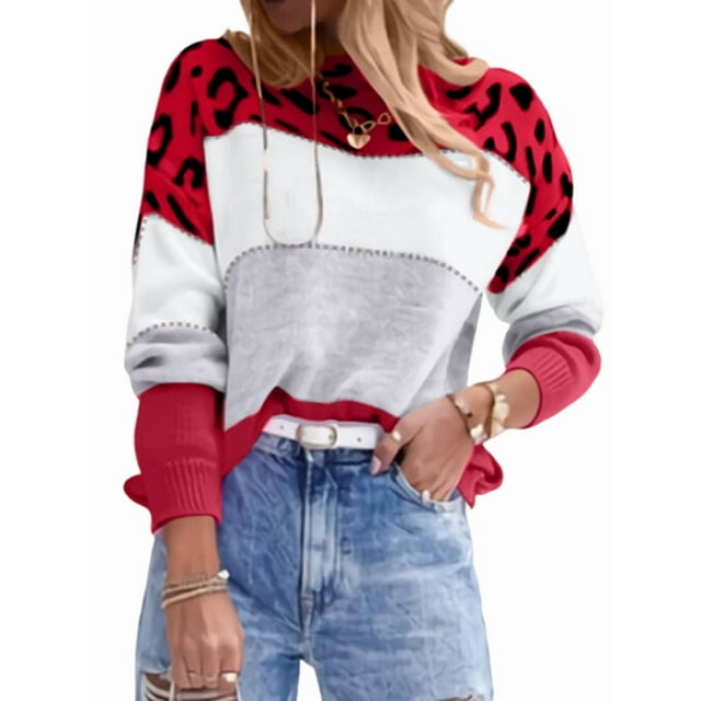 Suéter de Rayas con Estampado de Leopardo para Mujer, Cuello Redondo, Larga, Tejido con Bloques de Color Rojo XL