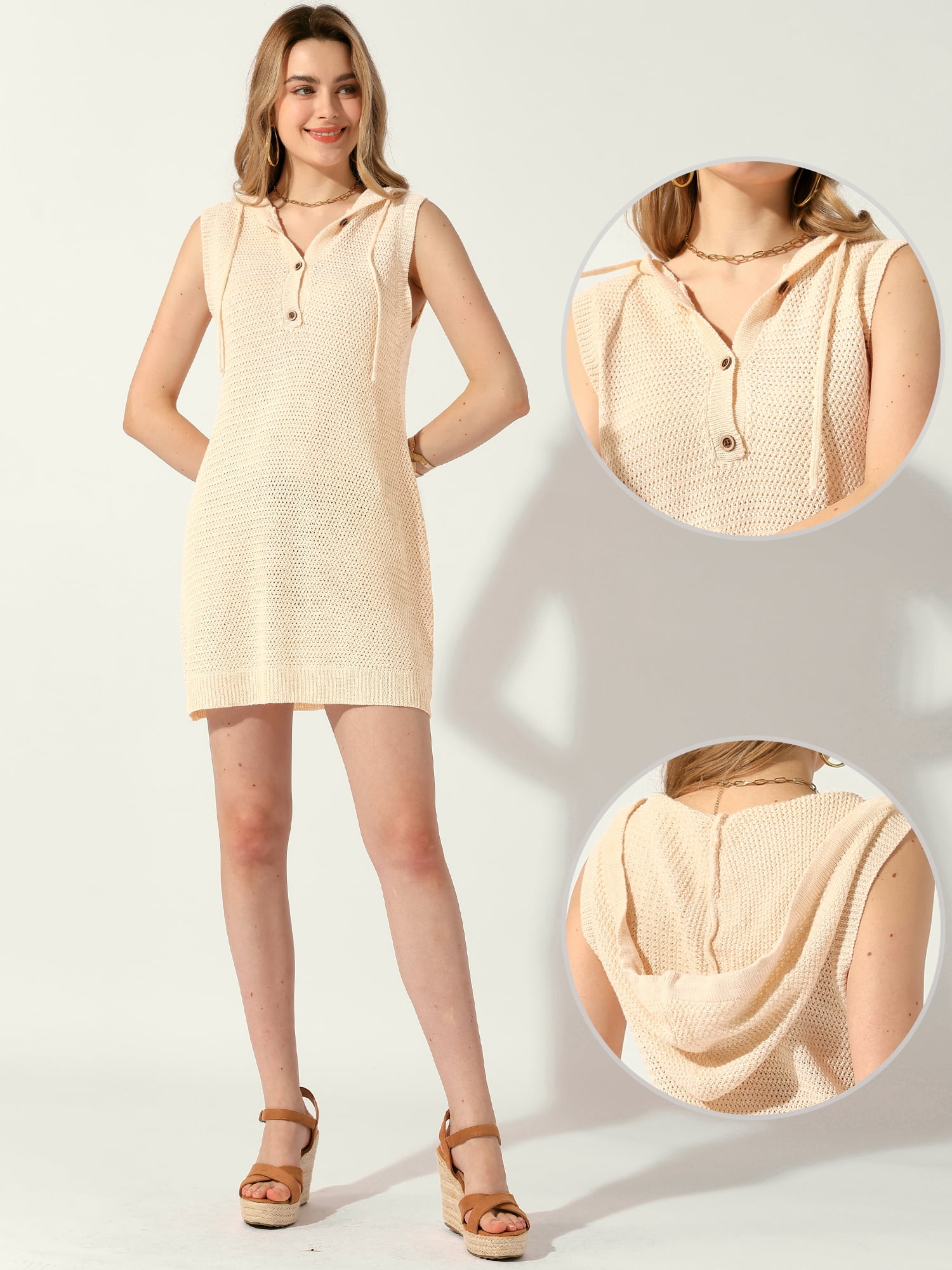 DARING DIVA Hooded Knitted Mesh Sleeveless Mini Dress L Apricot