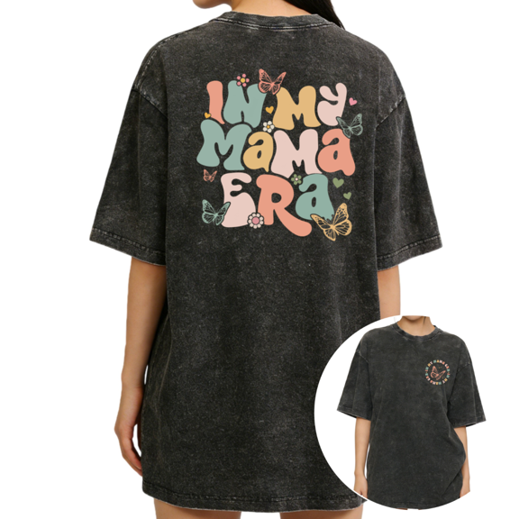 Women's In My Mama Era Retro Groove Butterfly Flower Graphic Short Sleeve Washed Tee Black S-2XL Plus Size