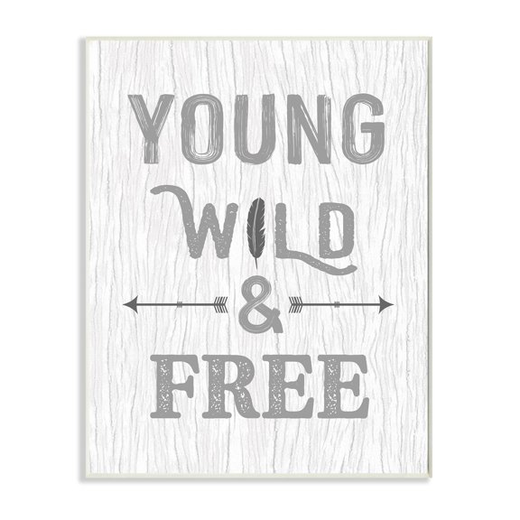 Stupell Young Wild and Free Phrase Rustic Nature Design Wood Wall Art - White 10 x 15