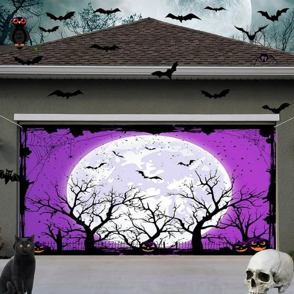 8X6 ft Happy Halloween Purple Garage Door Decoration Background Bat Scary Pumpkin Lantern Full Moon Backdrops for Parties Kids Photo Photography Booth Decor Banner Cover