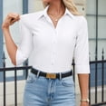 thumbnail image 4 of Women Button Down Shirts 3/4 Sleeve Basic Business Dress Shirt Collared Work Office Slim Fitted Classic V Neck Button Up Blouse Tops White XL, 4 of 6