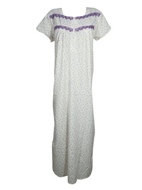 Mogul Women White Maxi Dress, Floral Print Indi Boho Fashion Short Sleeves Sleepwear, Housedress Nightwear XL