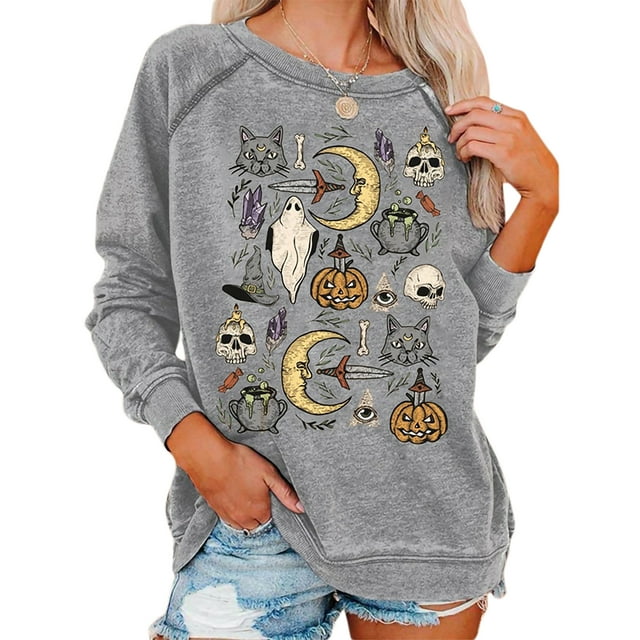 xiaxaixu Femmes Halloween Sweat-Shirt Casual Graphique Impression en Vrac Coupe Pull Tops Automne Manches Longues Col Rond