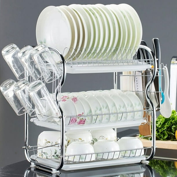 Kitchen Stainless Steel 1/2/3 Tier Dish Cup Drying Rack, Kitchen Sink Dish Rack Storager with