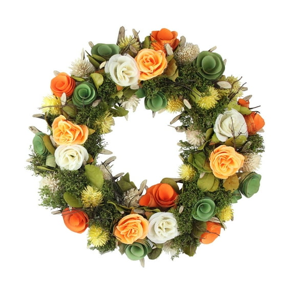 12.5" Peach Orange Green Flowers with Moss and Twig Artificial Spring Wreath