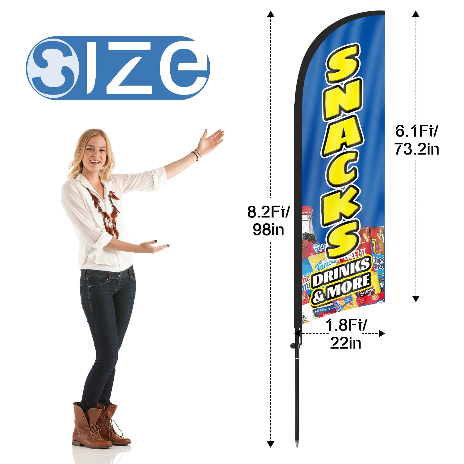 QSUM Snacks And Beverages Feather Flag with Flag Pole Kit and Ground Spike, 8.2FT Snacks And Beverages Windless Flag Banner Sign Business for Outdoor Advertising Sign Decoration Display