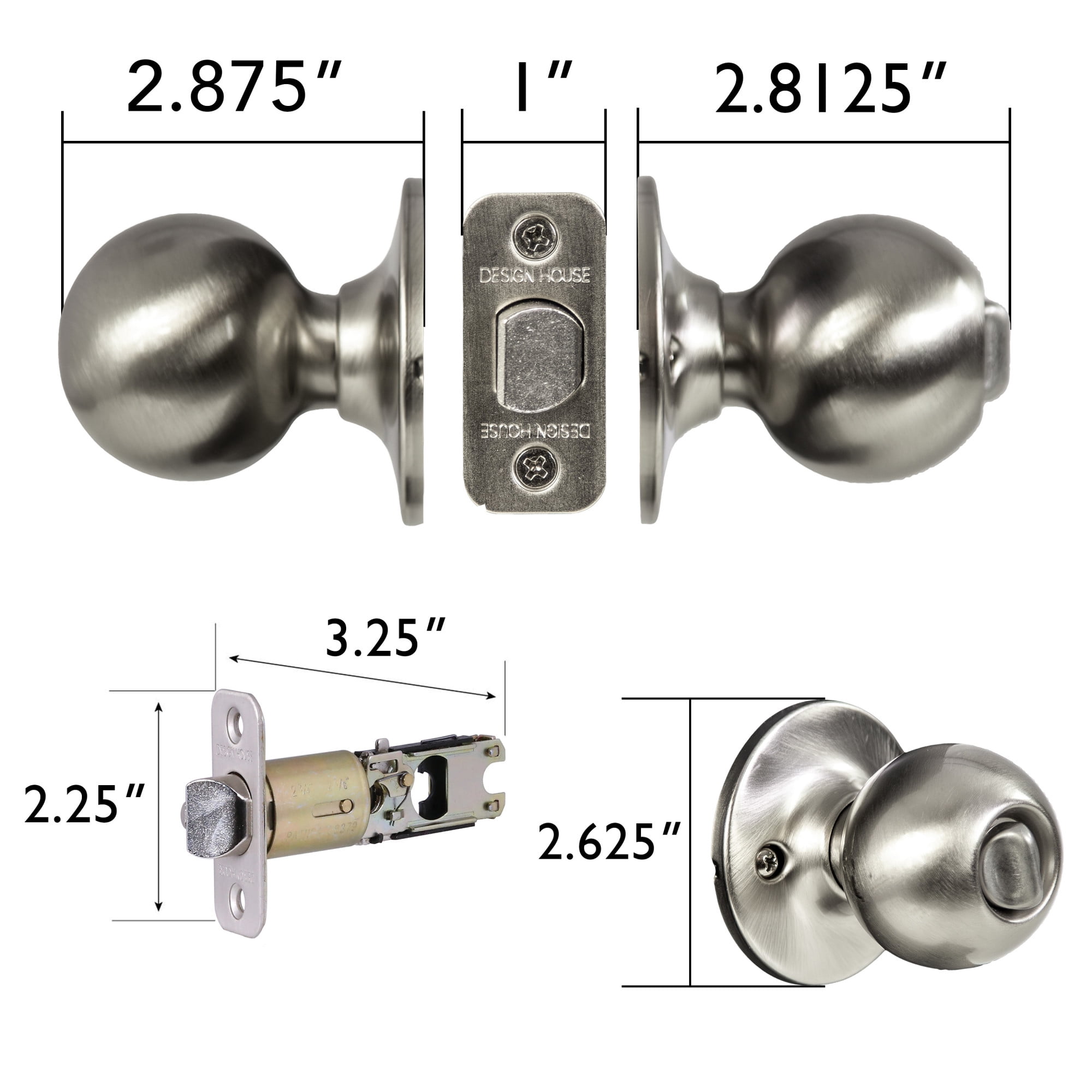 Satin Nickel Ball Privacy Door Knob, Bed and Bath Turn-Button Lock with Emergency Release, Adjustable Backset