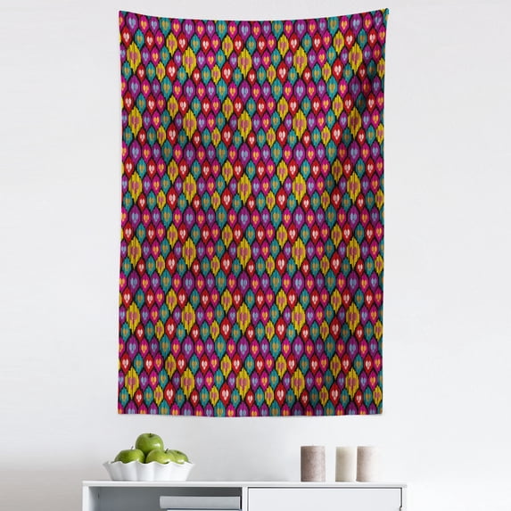 Ikat Tapestry, Colorful Pattern with Heart Shapes and Lines Bohemian Kazakhstan Motifs, Fabric Wall Hanging Decor for Bedroom Living Room Dorm, 5 Sizes, Multicolor, by Ambesonne