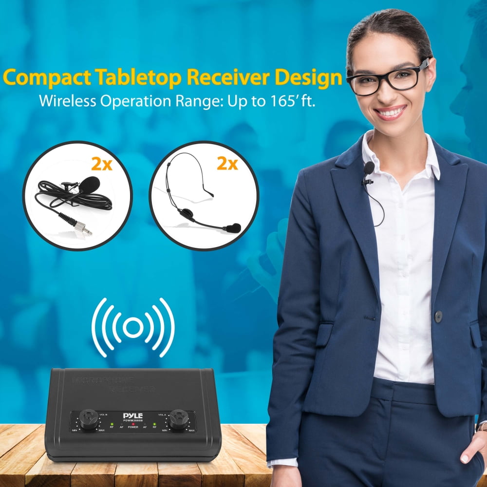 Pyle PDWM2880B - Compact UHF Micro System - USB Powered Desktop Mic Receiver System with Adjustable Volume Control, Includes (2) Belt-Pack Transmitters, (2) Headsets & (2) Lavalier Mics (2-C