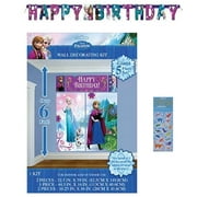 Disney Frozen Elsa Anna Princess Birthday Party Supplies Bundle includes 1 Large Plastic Scene Setter Photo Picture Backdrop, 1 Happy Birthday Banner, 1 Dinosaur Sticker Sheet