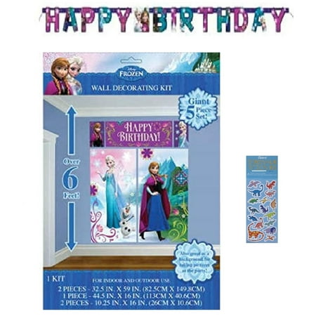 Disney Frozen Elsa Anna Princess Birthday Party Supplies Bundle includes 1 Large Plastic Scene Setter Photo Picture Backdrop, 1 Happy Birthday Banner, 1 Dinosaur Sticker Sheet