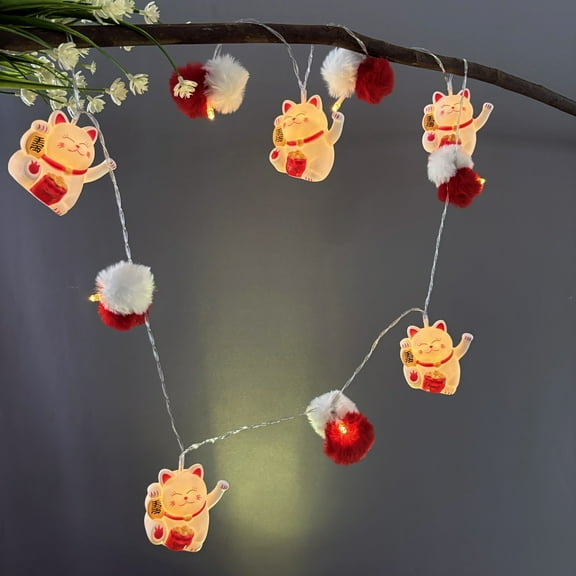 Cute Pom Poms and Lucky Cat Model String Lights Battery Powered Indoor Kids Bedroom New Year Decor Fairy Lights
