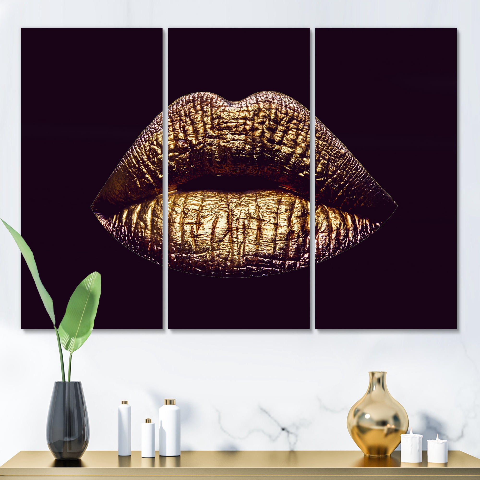 Designart ' Sexy Golden Metallized Woman Lips II ' Modern Canvas Wall Art Print