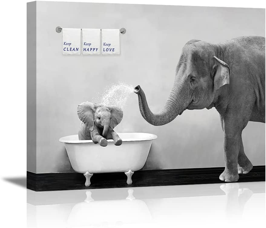 Elephant Bathroom Decor Wall Art, Funny Canvas Prints of Mother and