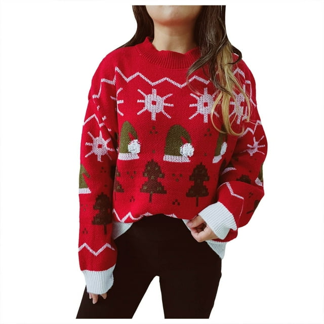 Fgnfyis Chandail de Noël pour Femme d'Automne et d'Hiver à Col Rond, Manches Longues, Chandail à Enfiler, Design Festif, Chandails de Noël pour Femmes Rouge P