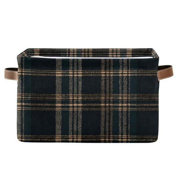 Storage Bins with Handle Fabric Organizer Basket Foldable Box 1 Pack Dark Green Brown Tartan 14.2x10.2x8.3