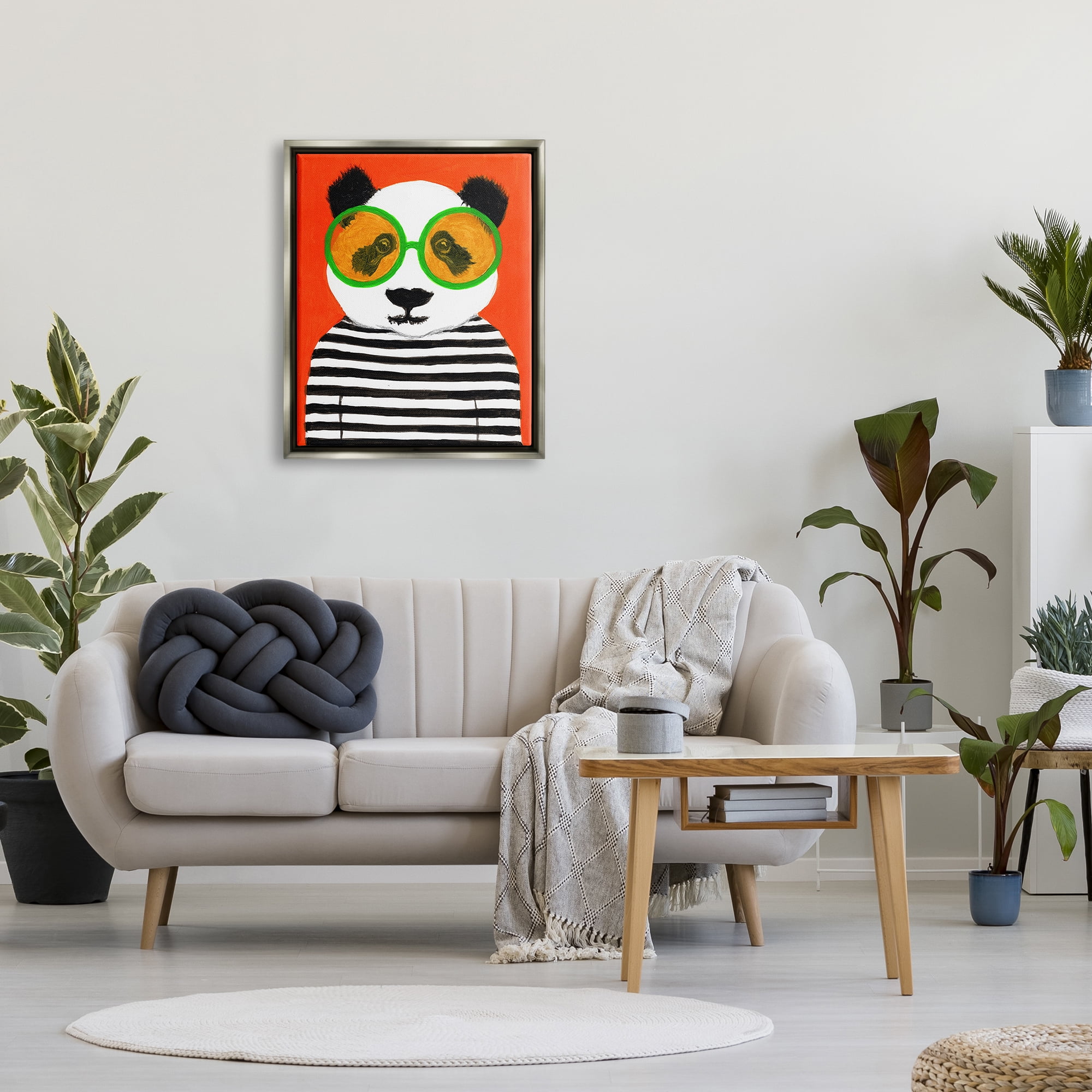Stupell Industries Bold Panda Bear Striped Shirt Animals & Insects Painting Gray Floater Framed Art Print Wall Art